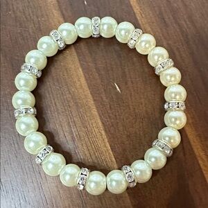 Freshwater Pearl Bracelet w/ CZ Rhinestone Spacers | Stretch | 7”